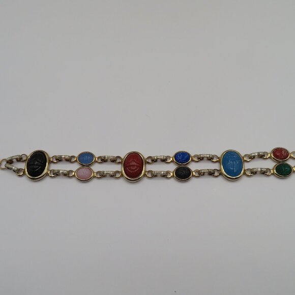 Egyptian Revival Double Strand Scarab Gold Tone Bracelet - Picture 6 of 13